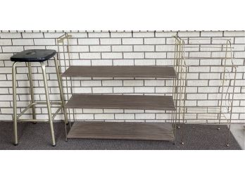 (2) Brass Frame Shelves With Bar Stool (as Is)