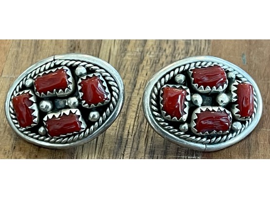 Pauline Nelson Navajo Sterling Silver And Coral Post Earrings 6.9 Grams Total Weight
