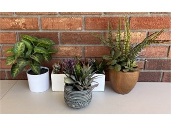 (4) Assorted Small Faux Plants With Wood And Ceramic Pots
