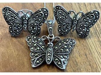 Vintage Marcasite Sterling Silver Butterfly Earrings & Matching Pendant - 925 Sterling Silver Box Chain 18'