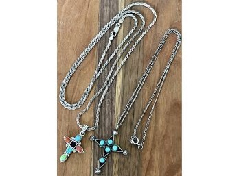 Sterling Silver & Turquoise Southwest Cross & A Two Sided Cross W Sterling Silver Rope Chain, 28' Long