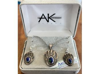 Arctic Opal Bear Paw Sterling Silver Necklace And Wire Earrings In Original Box AK Jack Designs
