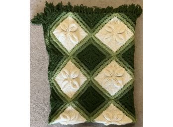 46' X 62' Hand Knitted Green And Cream Afghan