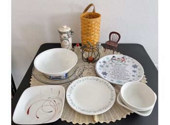 Kitchen Lot Including Corelle, Holiday Platters And Pumpkin Candleholder, Nut Dish And More