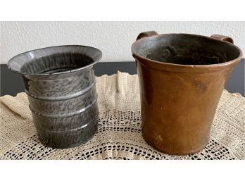 Antique Solid Copper 2 Handle Large Cup And Graniteware Measuring Cup