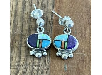 Vintage Multi Stone Sterling Silver Earrings Sugalite - Opal - Turquoise And More