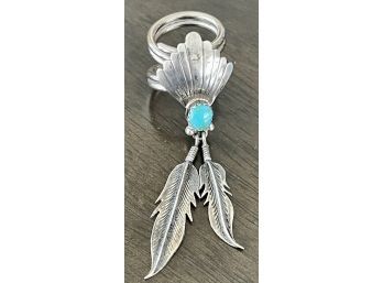 Vintage Navajo Sterling Silver And Turquoise Scarf Ring With Feather