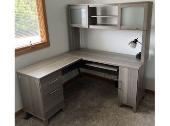 Grey Veneer Office Corner Desk With Upper Shelving And Pull Out Keyboard Tray