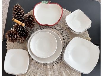 Simple Essentials Dinnerware For 4, Bowls, Plates & Size Plates - Apple Baking Dish, Wire Basket & Pinecones