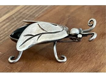 Vintage 925 Taxco Sterling Silver And Onyx Bug With Wings Pin Pendant Total Weight 12.2 Grams