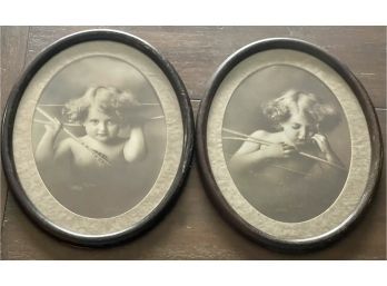 Antique 1897 Cupid Asleep And Cupid Awake Oval Metal Framed Prints