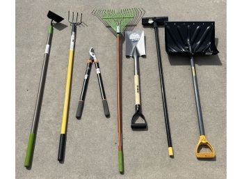 Assorted Yard Tools - Snow Shovel, Rake, Hoe, And More