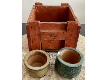 Vintage Taija Handled 20 Cartridge Box .50 In Carton & Two Pottery Plant Pots With Inserts