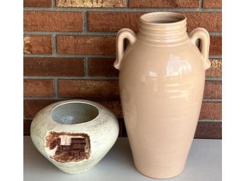 Large Ceramic Urn With Signed Spatter Pottery Bowl