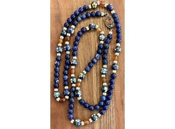 Stunning Vintage Sterling Silver - Blue Lapis, Carnelian And  Cloisonne Round Bead Necklace