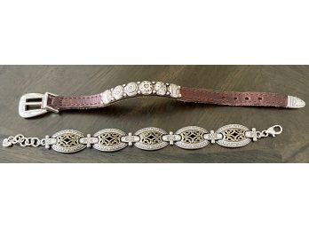 Pair Of Brighton Bracelets - Silver And Brass Tone With Rhinestones And Leather Band