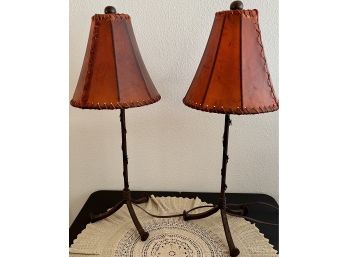 Pair Of Rustic Metal And Rawhide Shade Lamps With Barbed Wire Trim