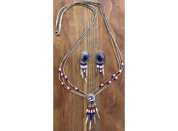 Vintage Sterling Silver Liquid Silver Bead Navajo Red White And Blue Bead Earrings And Multi Strand Necklace