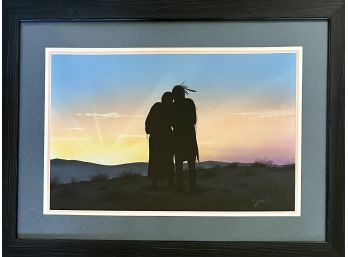 Original Signed Donald Vann Couple At Sunset Watercolor In Custom Frame