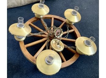 Custom Wagon Wheel Wood Light Fixture With Brass And Glass Globes