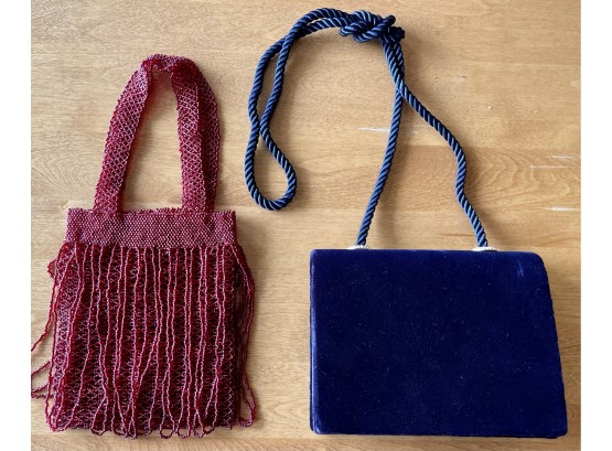 Red Seed Bead Fringe Evening Bag And A Carla Marchi Navy Blue Suede Evening Bag