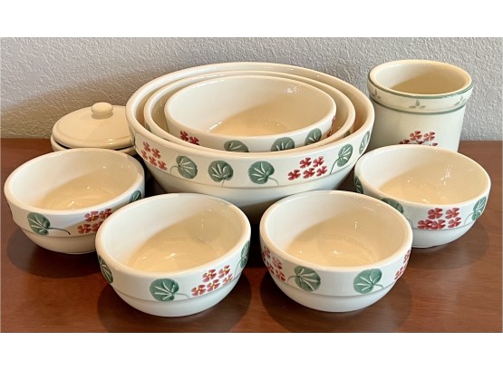 Collection Of Crock Shop Santa Ana California Heavy Pottery Lidded Dish, Bowls, And Nesting Bowls