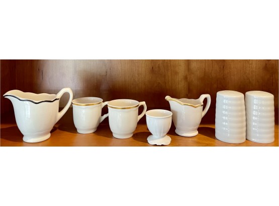 Collection Of White Syracuse China, Pitcher, J.R. Egg Cup, Salt And Pepper, And More
