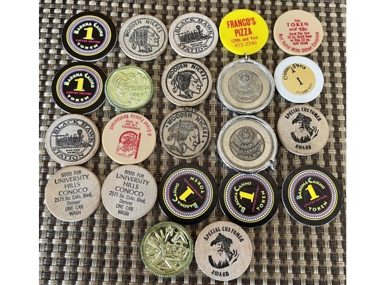 Collection Of Wood And Metal Tokens - Wooden Nickels, USSR 1970, Casino, And More