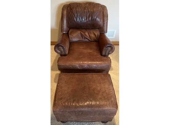 Norwalk Furniture Aniline Brown Leather Studded Recliner With Matching Ottoman