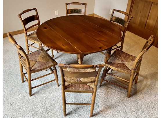 Antique Hitchcock Furniture (6) Rush Chairs And Drop Leaf Solid Pine Table (as Is)