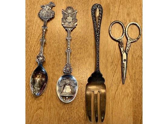 Sterling Silver Antique Fork W.G. Finck, (2) DAL 45 Holland Spoons, And Small Pair Of Vintage Scissors