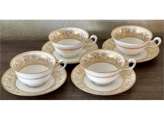 (4) Wedgewood Bone China Gold Florentine Dragon Peony Cups And Saucers