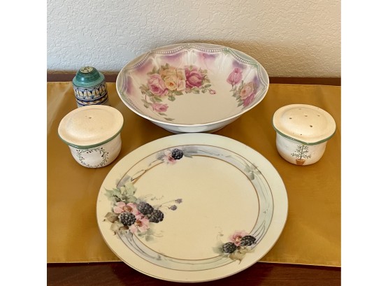 Collection Of Vintage Glass Ware Including Nippon Bowl, Silesia Floral Transferware Bowl, And Salt And Pepper