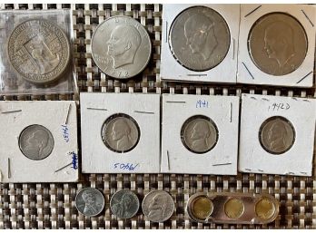 Collection Of Coins Including (3) Eisenhower Dollars, (2) War Wheat Pennies, Woolworth 100 Anniversary Coin