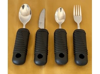 (4) Sammons Preston Rolyan Sure Grip Silverware - Knife, Fork, Spoon, And Serving Spoon