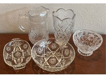 Lot Of Crystal And Pressed Glass - Pitcher, Vase, Bowls, And Divided Serving Dish