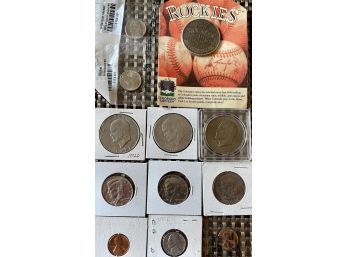 Collection Of US Coins - Eisenhower, Kennedy Half Dollars, Pennies, Nickels, And Rockies Coin