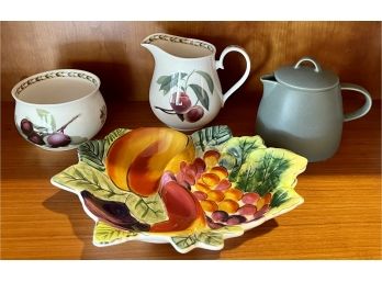 Queens Collection - Creamer And Sugar Bowl With Plums, Crate And Barrel Lindon Creamer, C.A. Pottery Dish