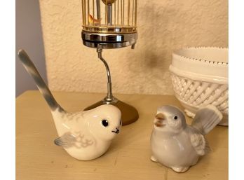 Ceramic Birds, Bird Cage Music Box, Hand Painted Handled