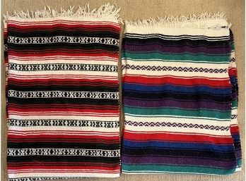 (2) Vintage Mexican Cotton Multi Color Striped Blankets With Fringe
