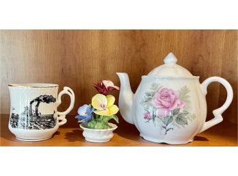 Vintage Shaving Mug 6701, Radnor Bone China Flower Figurine, And Rose Motif Teapot