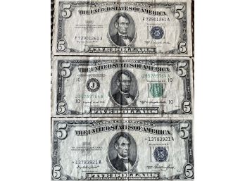 (3) Five Dollar Bills - Series 1953, Series 1953B, And 1950C