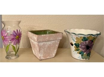 (3) Vintage Planters And Vases - Green Pottery, Floral Pottery From Italy, And Hand Painted Clear