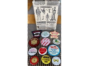 Vintage Clothing Box With Assorted Advertising Pins - Woolworth, United Airlines, Woolco, And More