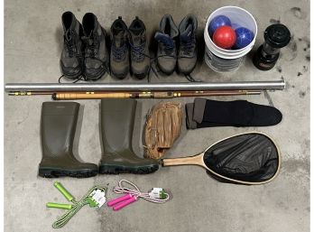 Outdoors Lot Including Eagle Claw 8ft Fishing Rod, Bocce Ball, Hiking Boots, Jump Rope, And More