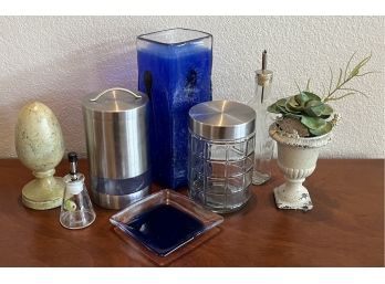Small Decor Collection Including Cobalt Blue Vase And Tray, Metal Egg, Glass And Stainless Canisters, And More