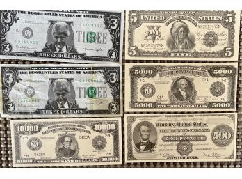 (2) 3 Dollar Bills With Bill Clinton, (4) Reproduction Laminated Silver Certificates