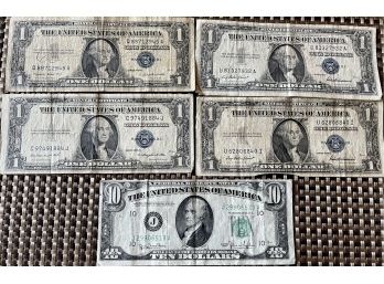 (5) Bills Assorted Denomination - One Dollar Series 1957A, 1935G, 1957, 1935F With Ten Dollar Bill 1950 Series