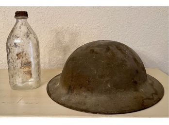 Vintage WWII Metal Helmet (as Is) With Parsons Sudsy Ammonia Bottle