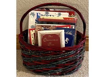Green And Red Christmas Basket With Assorted Classical Christmas Books -
